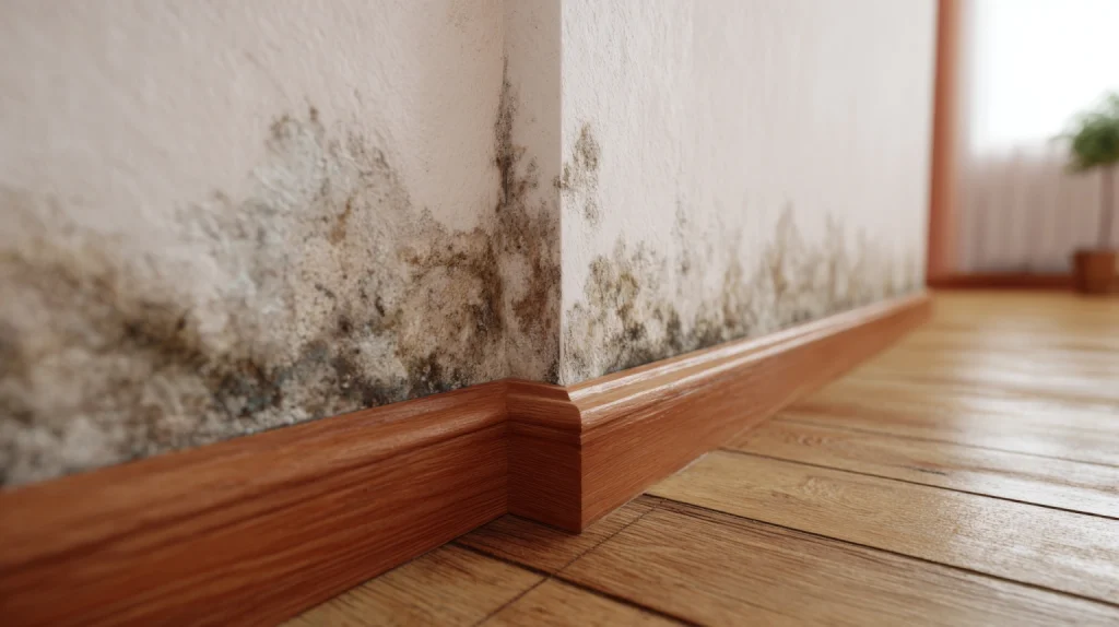 a close up view of a wall corner showing mold growth